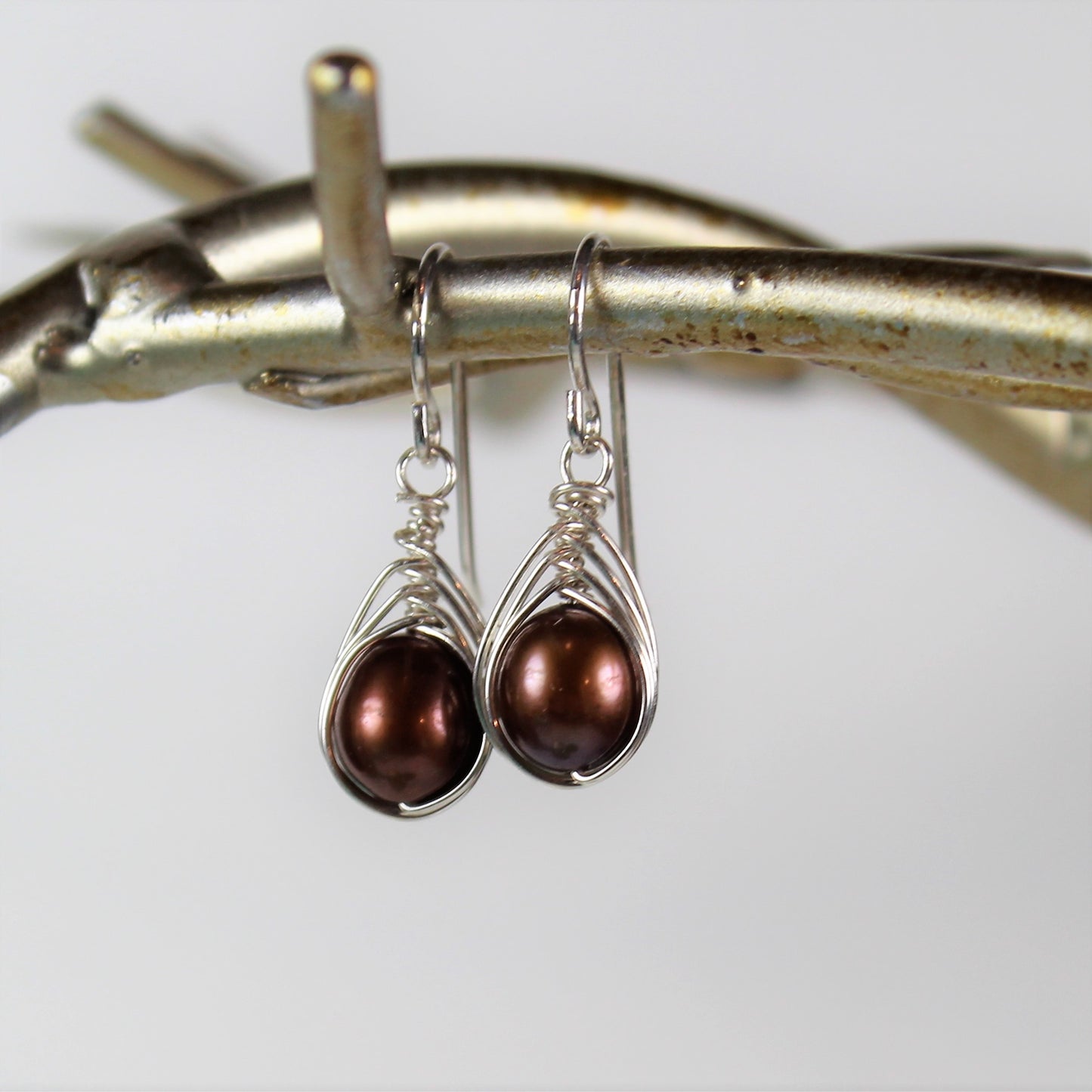 Brown Pearl Herringbone Wrap Earrings