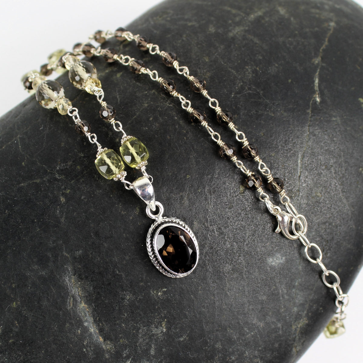 Smoky Quartz and Citrine Wire Wrapped Necklace