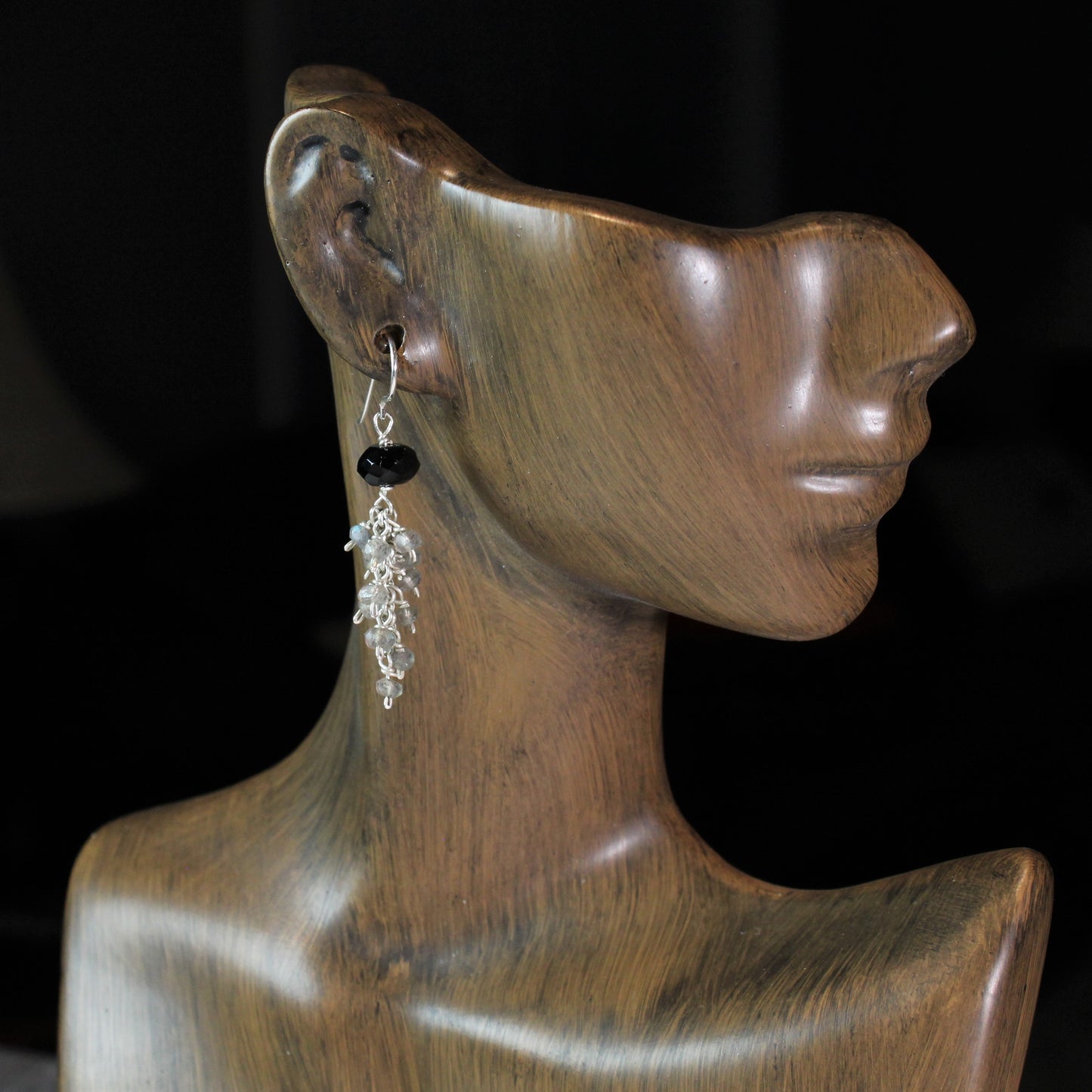 2 inch long sterling wire earrings with larger black onyx and small faceted labradorite dangles