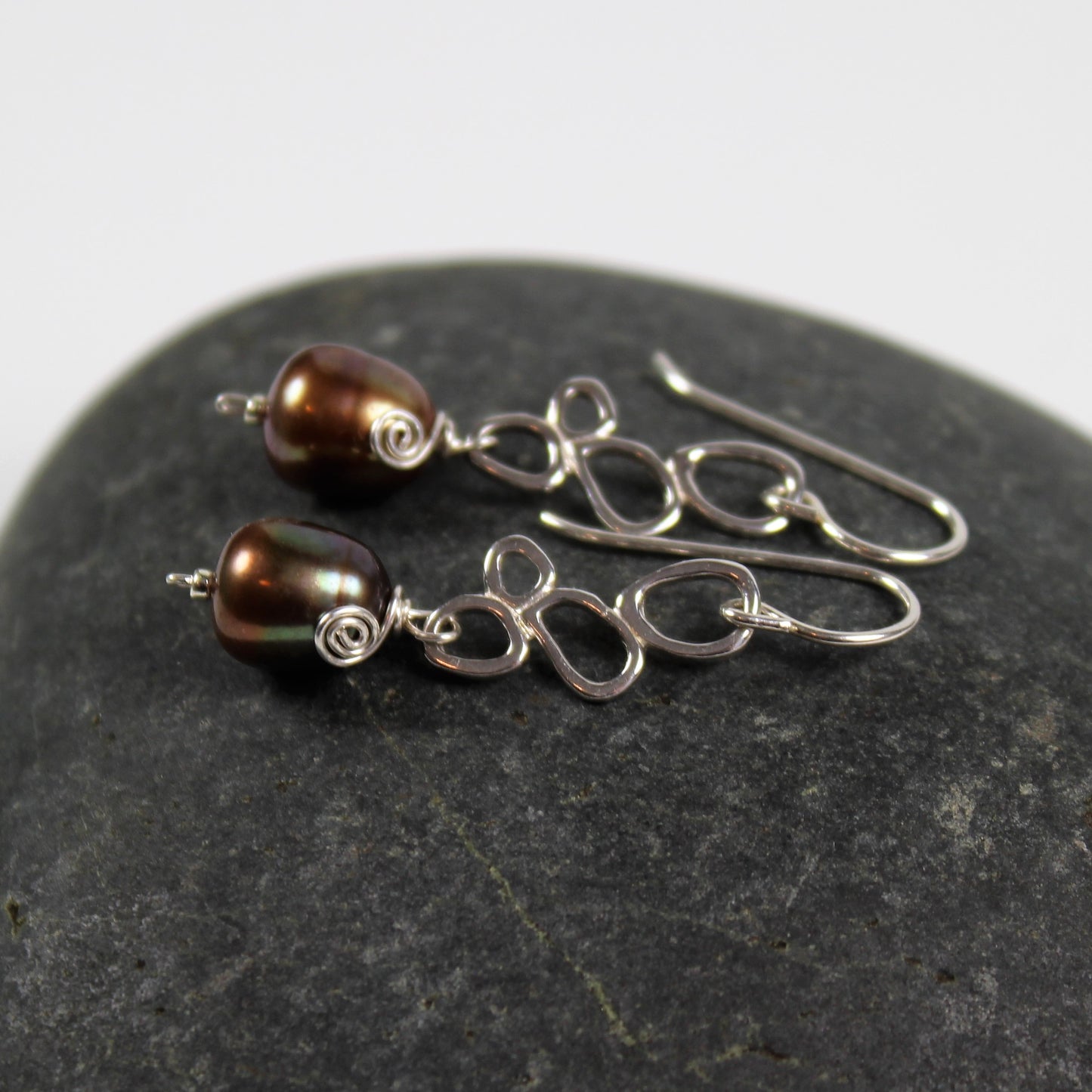 Copper Pearl and Sterling Drop Earrings