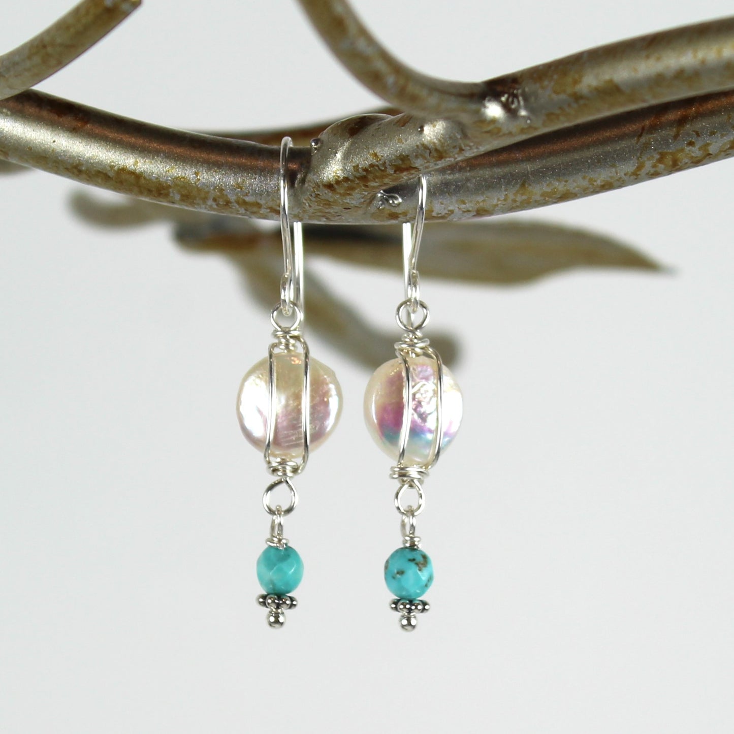 Turquoise and Coin Pearl Earrings