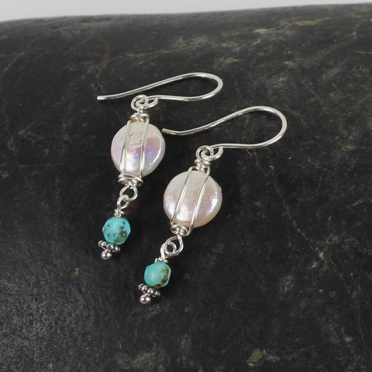 Turquoise and Coin Pearl Earrings