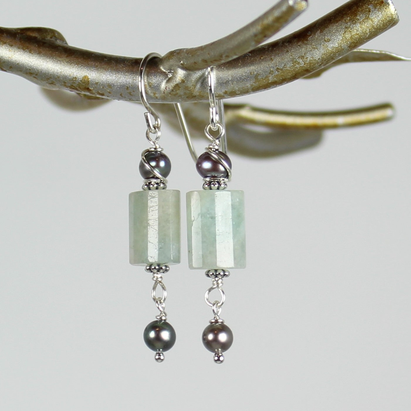 Aquamarine and Gray Pearl Earrings