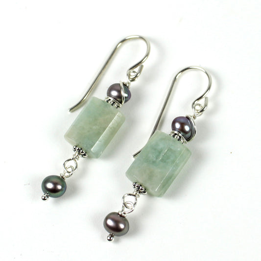 Aquamarine and Gray Pearl Earrings