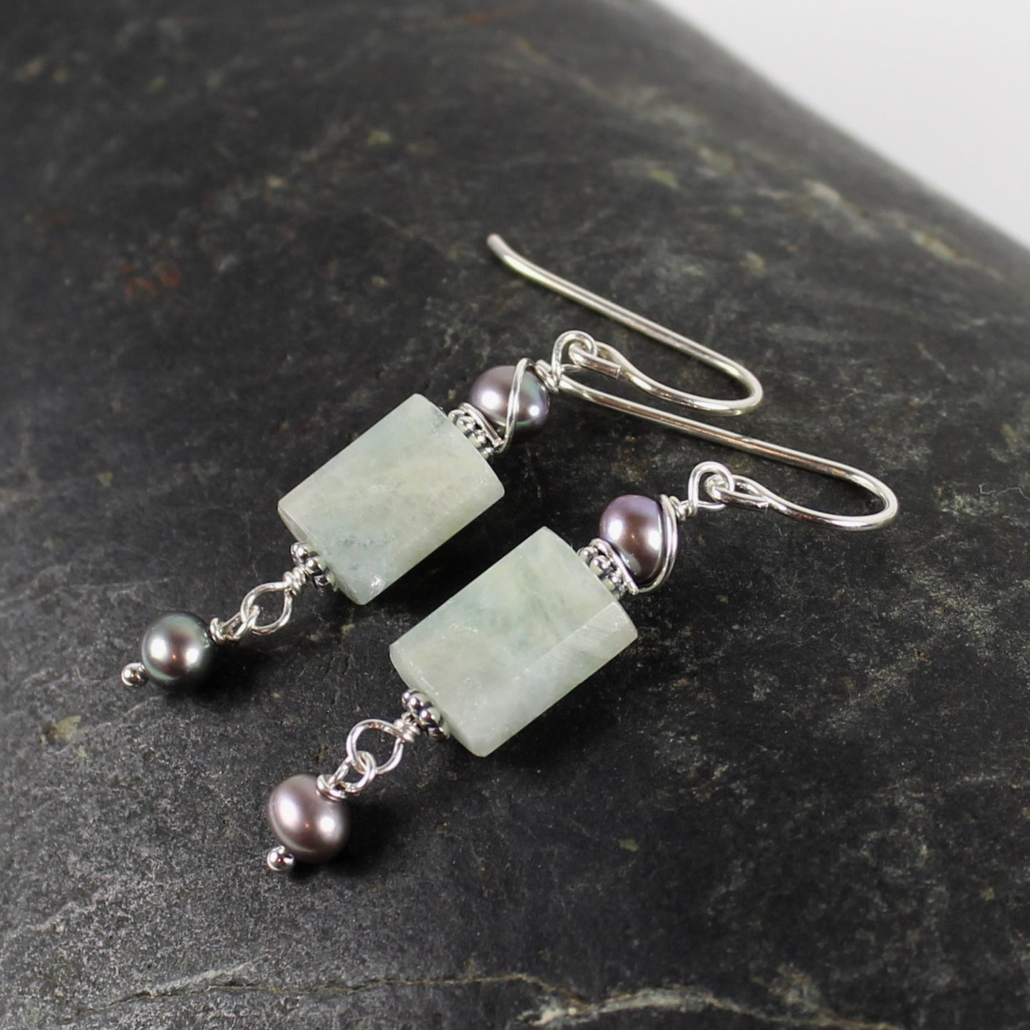 Aquamarine and Gray Pearl Earrings