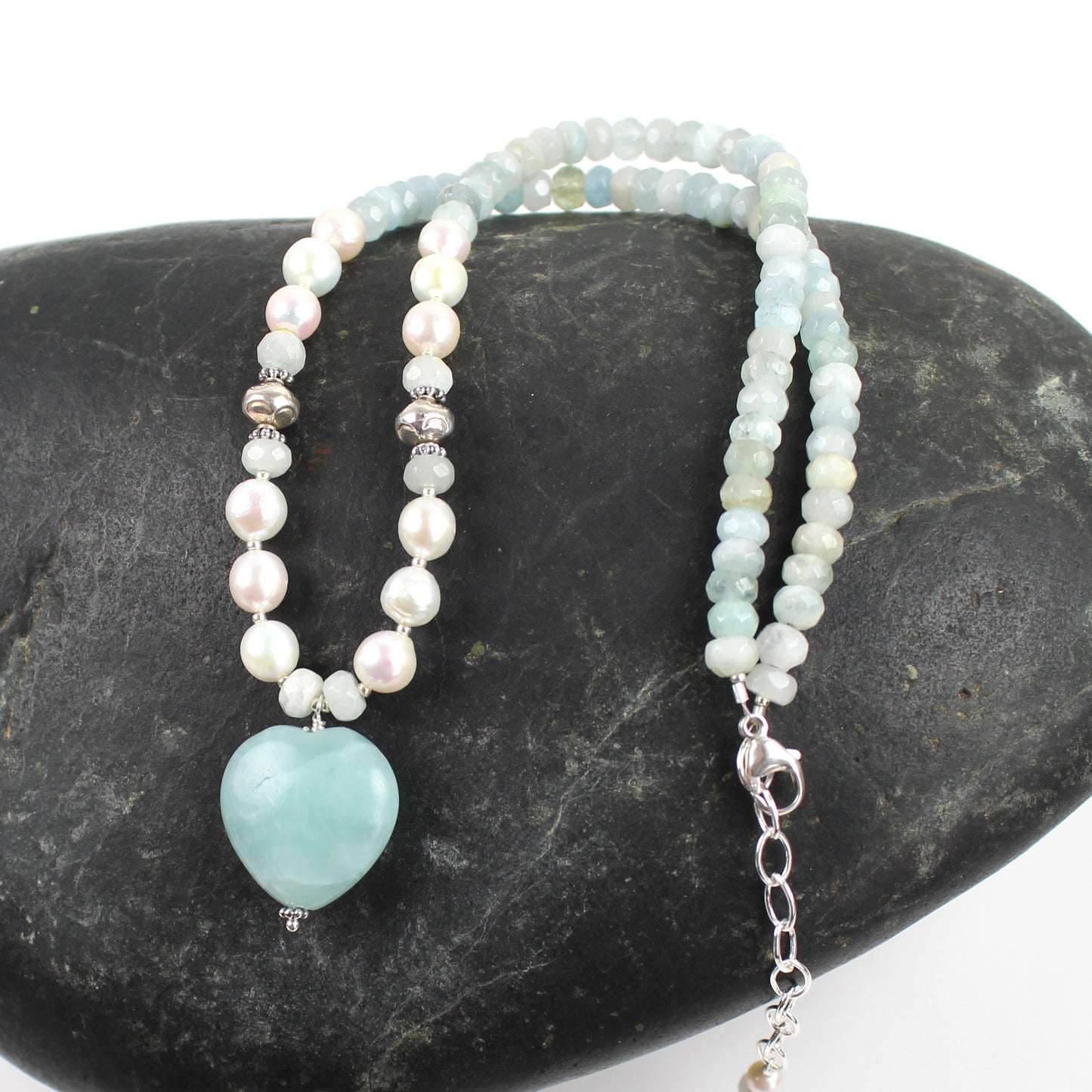 Aquamarine and Pearl Heart Necklace