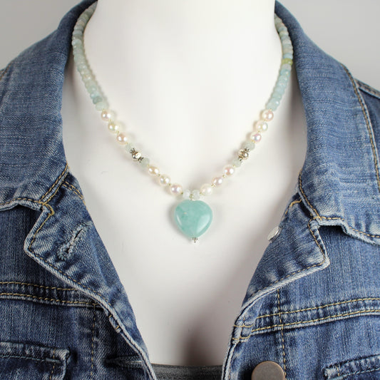 Aquamarine and Pearl Heart Necklace