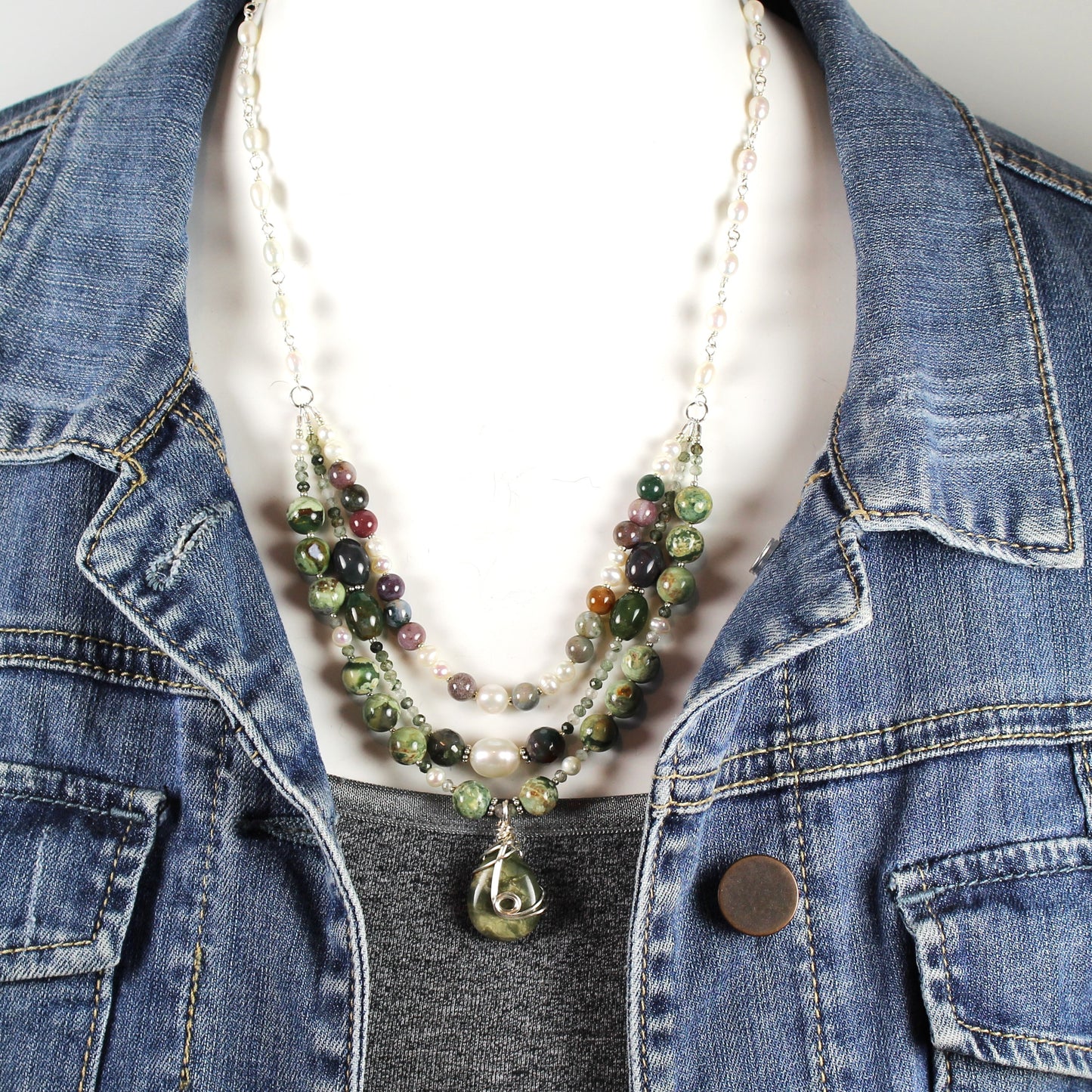 Green and White Multi Strand Necklace