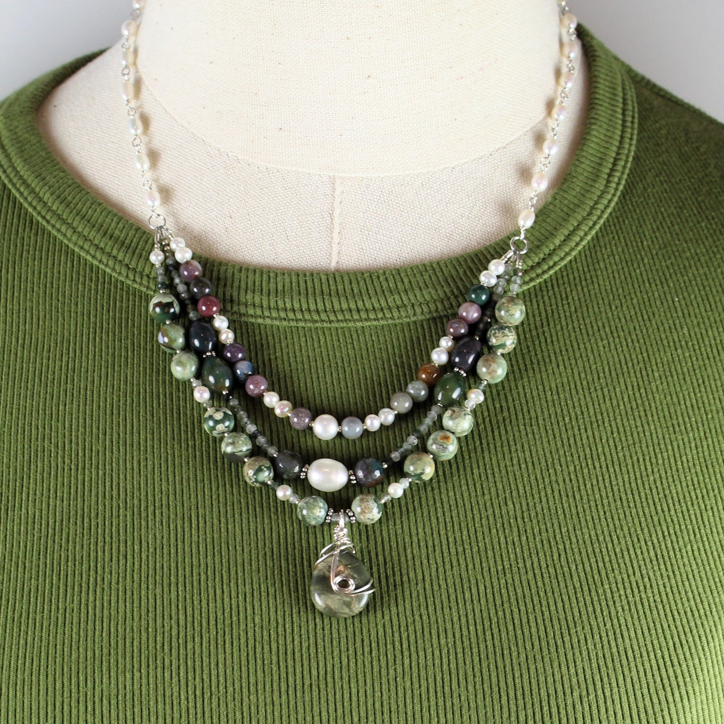 Green and White Multi Strand Necklace