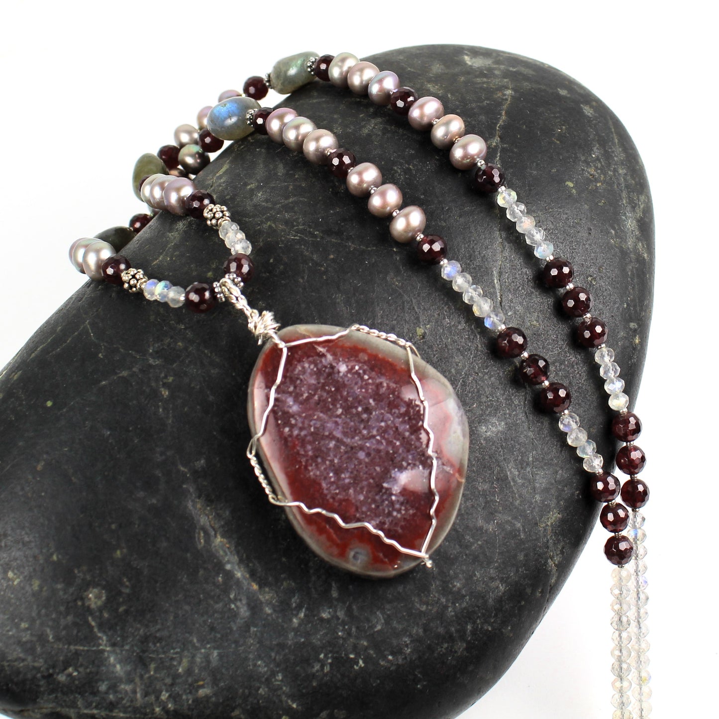 Red and Gray Druzy Necklace