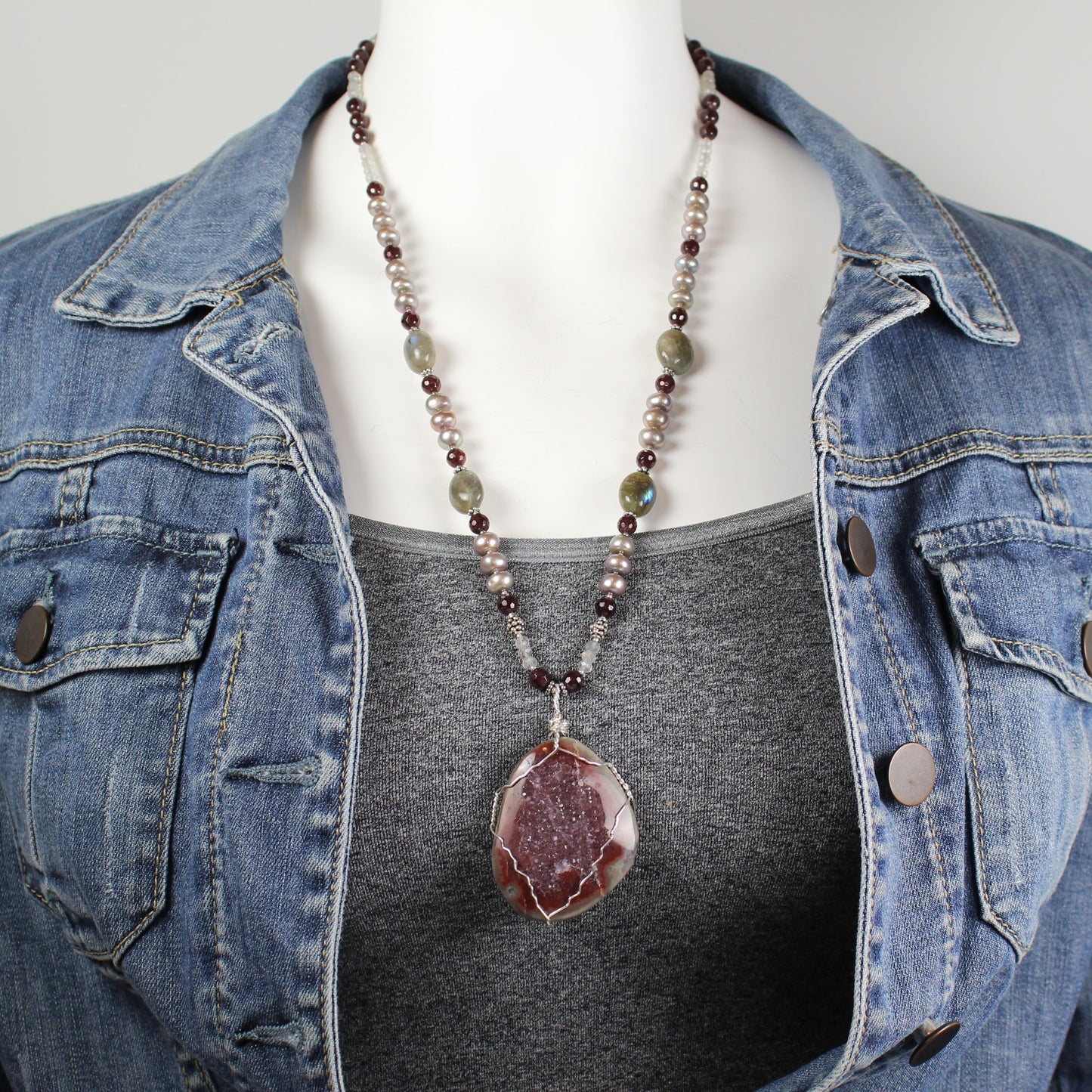 Red and Gray Druzy Necklace