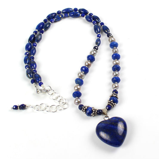 Lapis and Pearl Heart Necklace