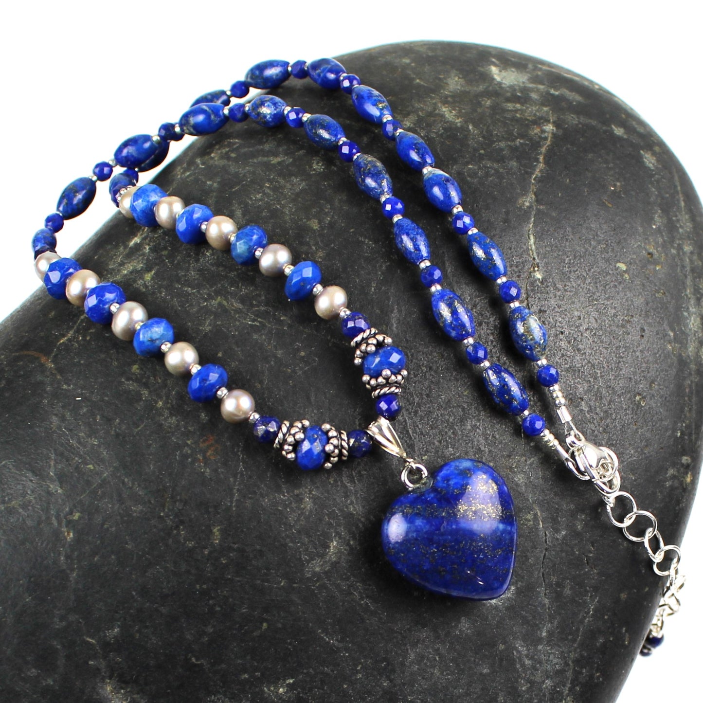 Lapis and Pearl Heart Necklace