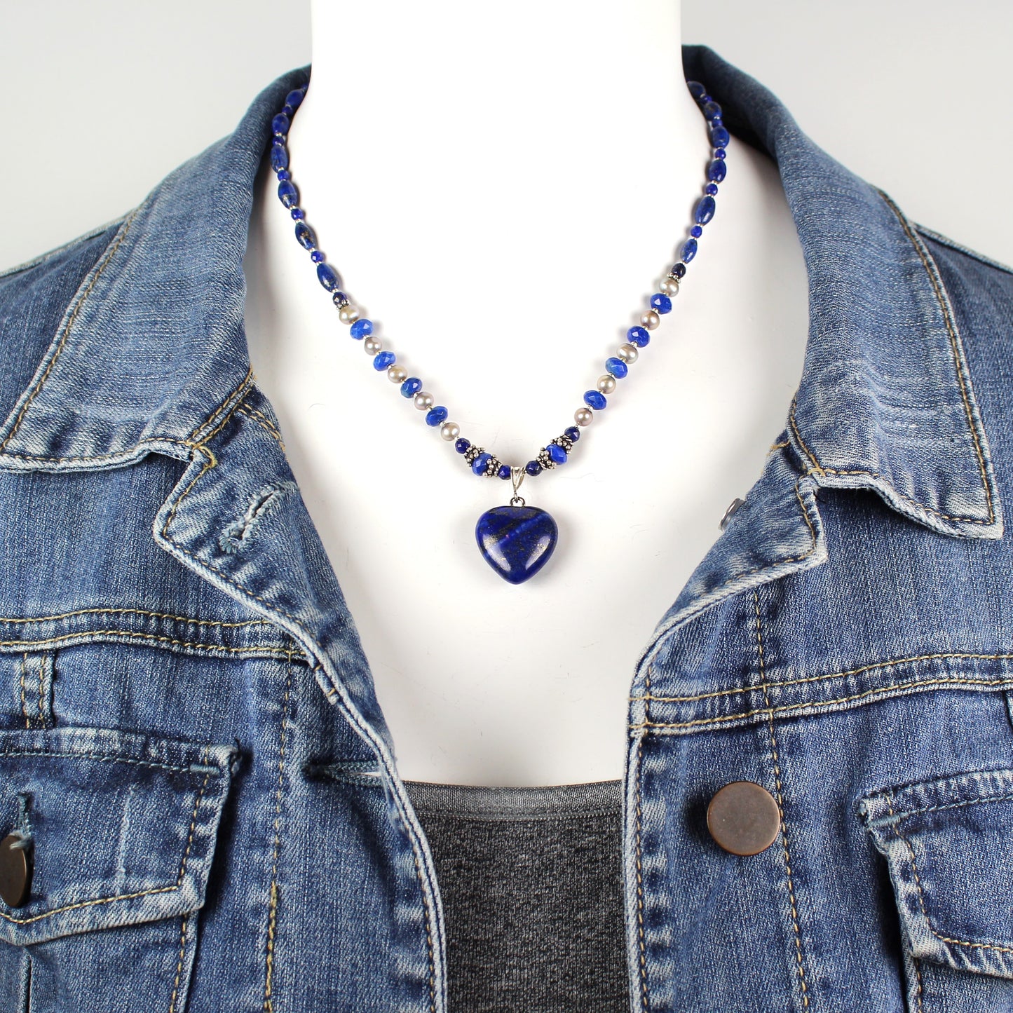 Lapis and Pearl Heart Necklace