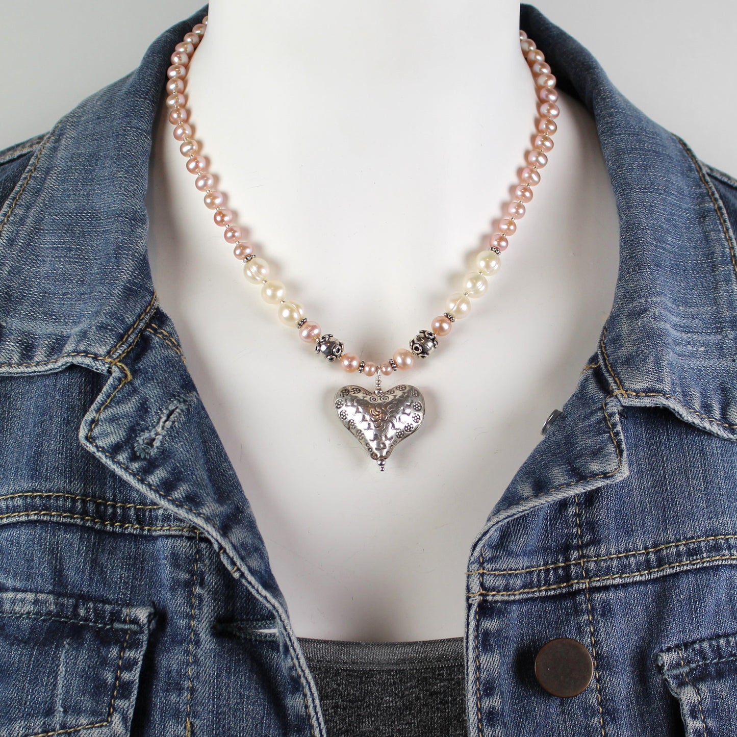 Pink Pearl Sterling Heart Necklace