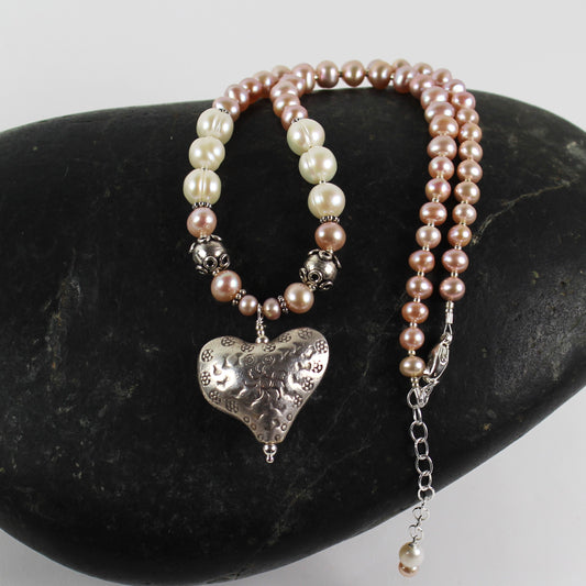 Pink Pearl Sterling Heart Necklace