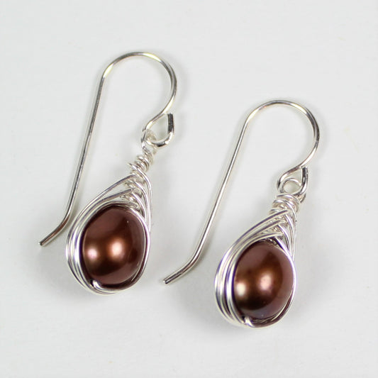 Brown Pearl Herringbone Wrap Earrings