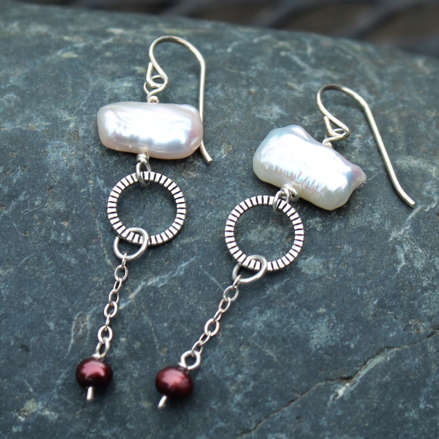 Sterling ear wires dangle with larger rectangular freshwater pearls, sterling ring, chain and smaller red pearl