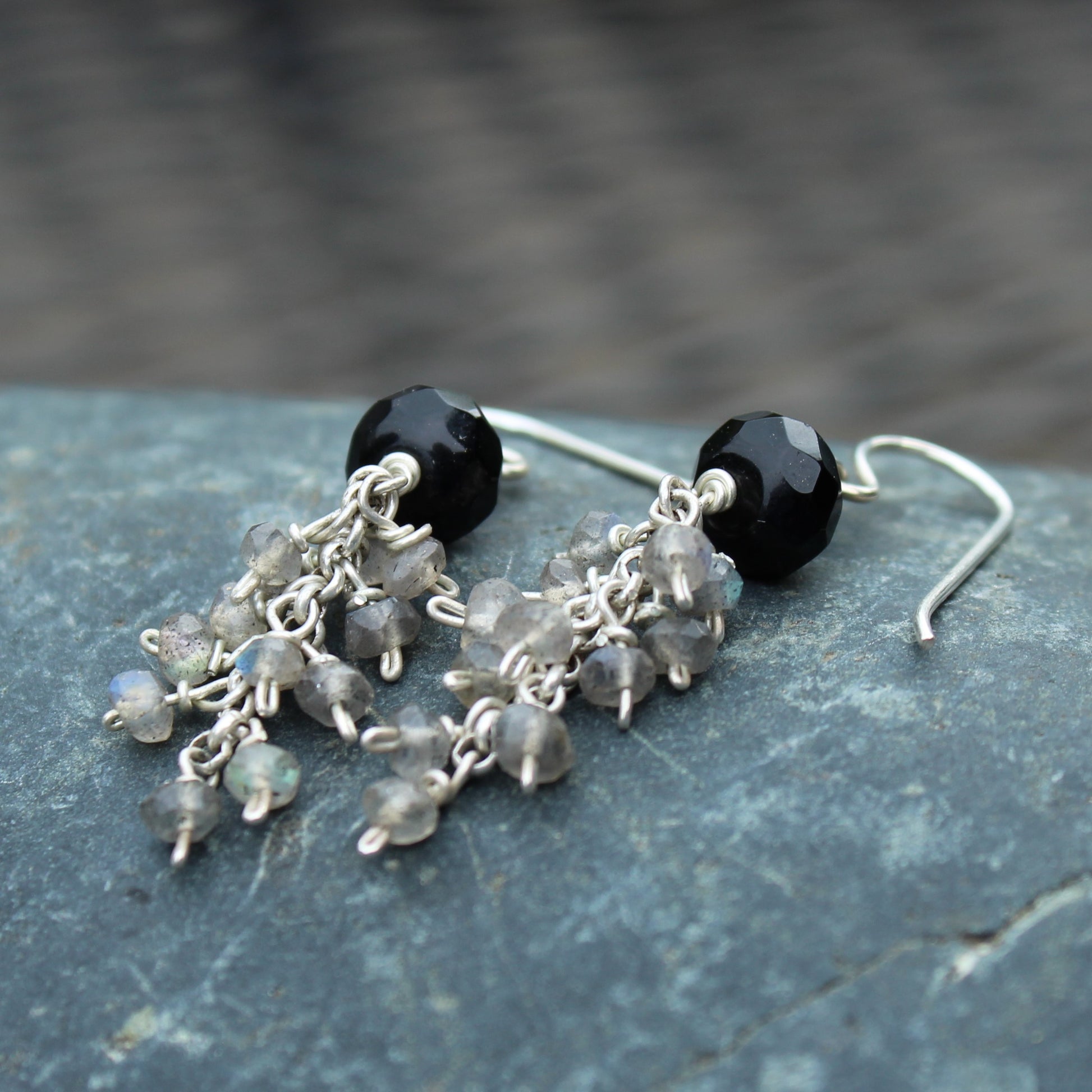 2 inch long sterling wire  earrings with larger black onyx and small faceted labradorite dangles