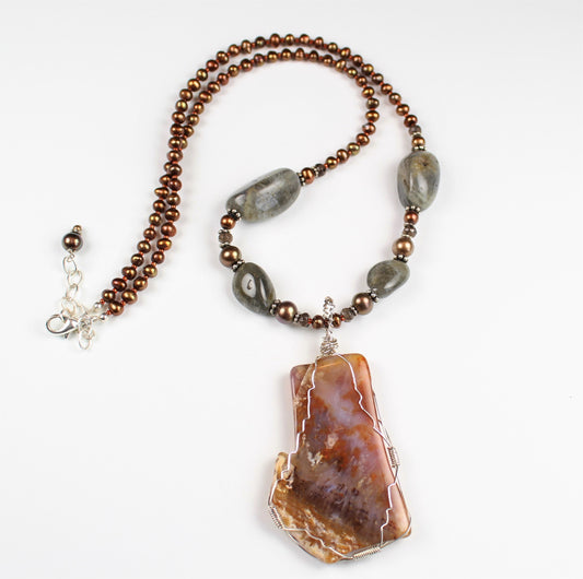 22 inch long copper pearl necklace with labradorite polished stones and flat brown and red agate slice.