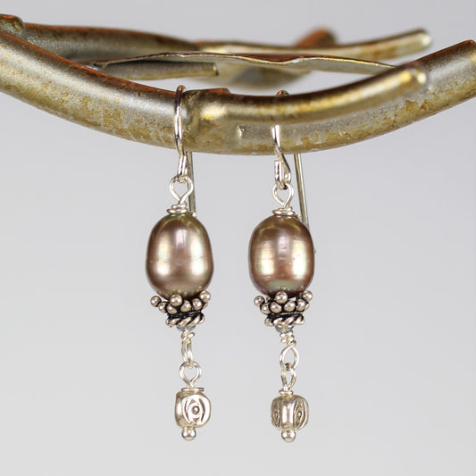 Medium length beige freshwater pearl dangle earrings with hill tribe silver accent