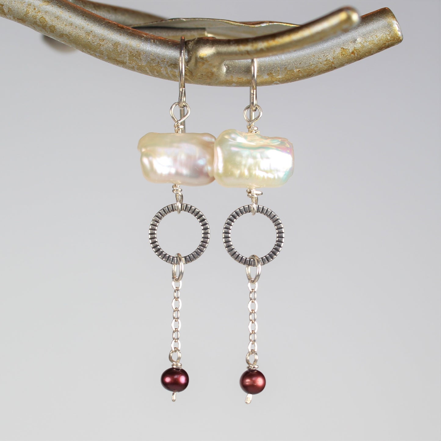 Sterling earrings with Rectangular freshwater pearls above sterling oxidized circle and dangling chain