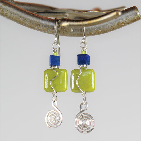 Light green and dark blue squares with sterling spiral dangle on sterling earrings