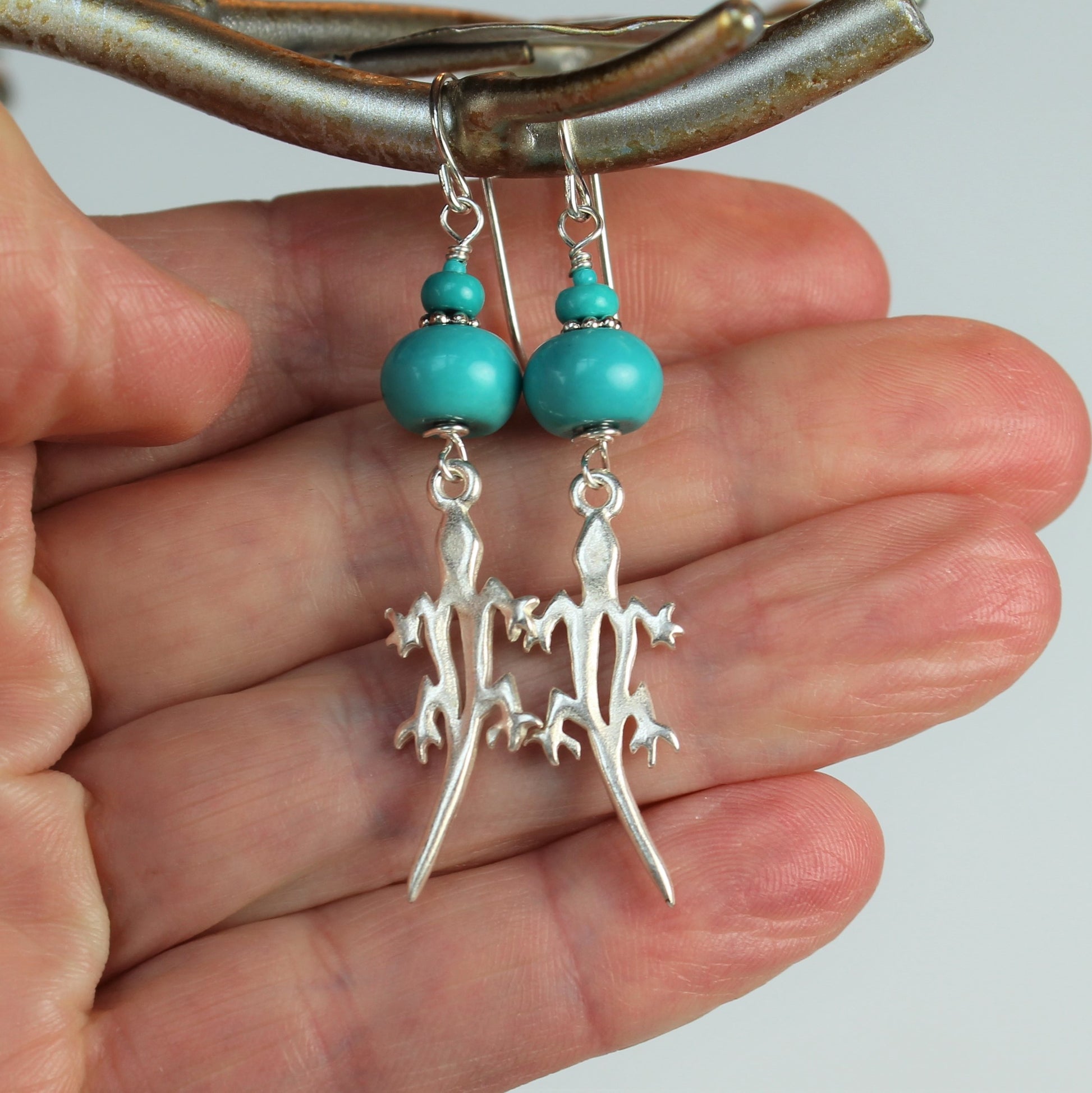 sterling silver earrings with brushed silver gecko and blue turquoise.