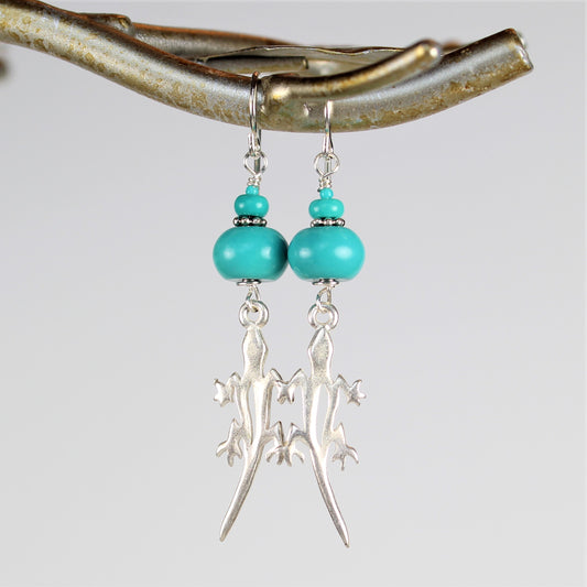 Blue turquoise dangle earrings with sterling lizard drop