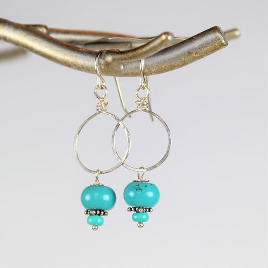 sterling hammered loop earrings with blue turquoise dangles