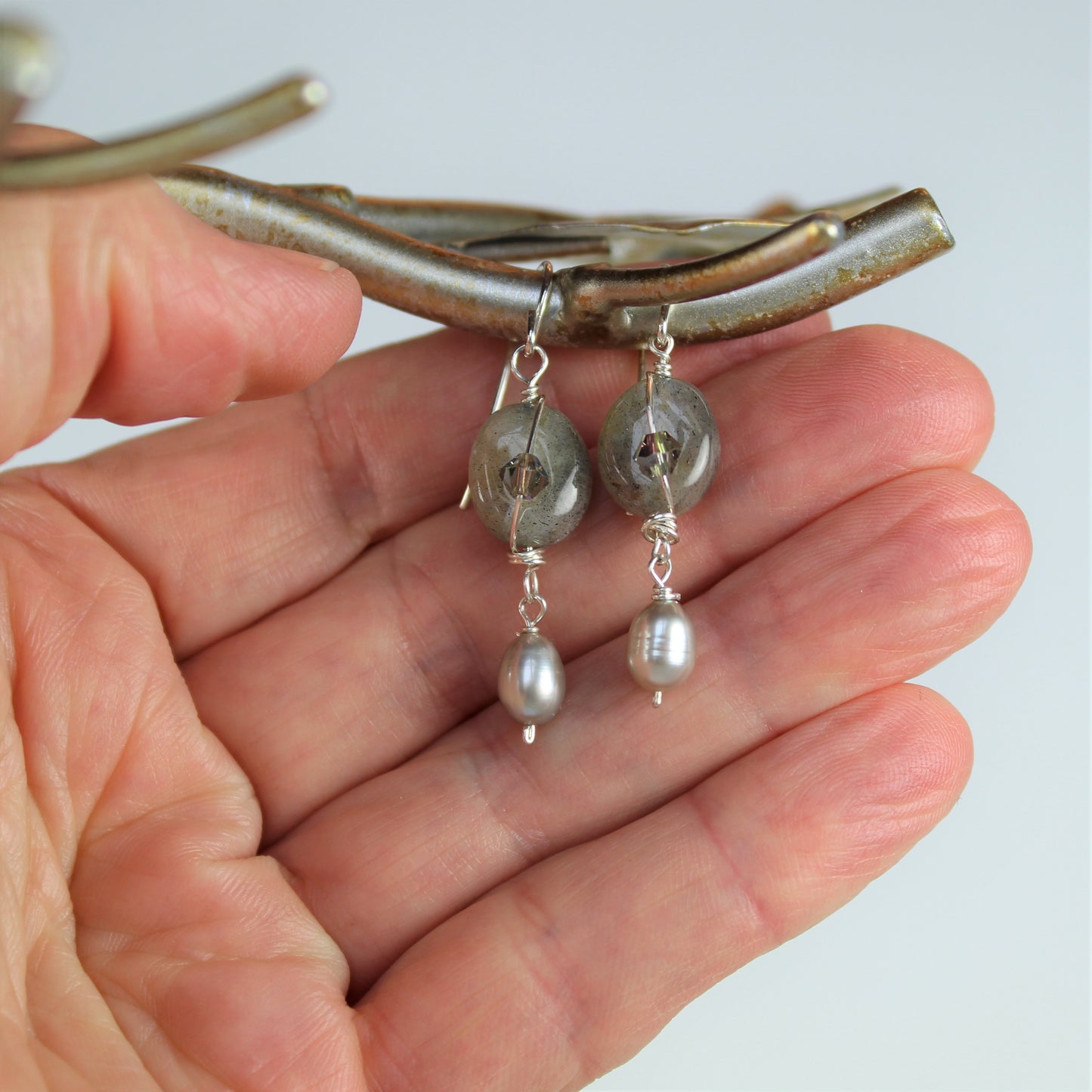 Labradorite dangle earrings on sterling wire with pearls and grey crystal