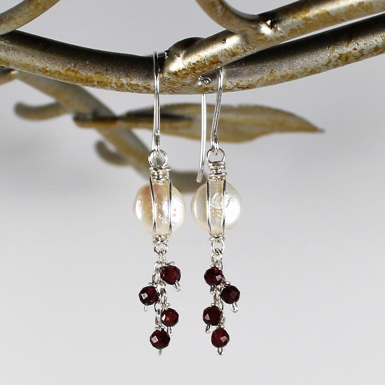 Coin Pearl and Garnet Earrings