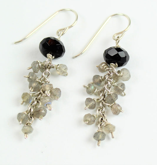 Faceted onyx earrings with petite labradorite waterfall. approximately 2 inches long