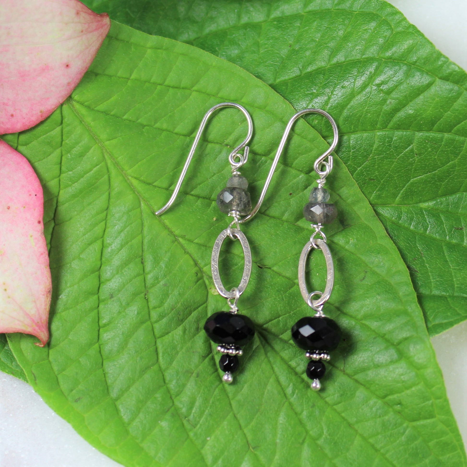 Sterling wire dangle earrings with faceted black onyx, labradorite and a brushed flat sterling loop