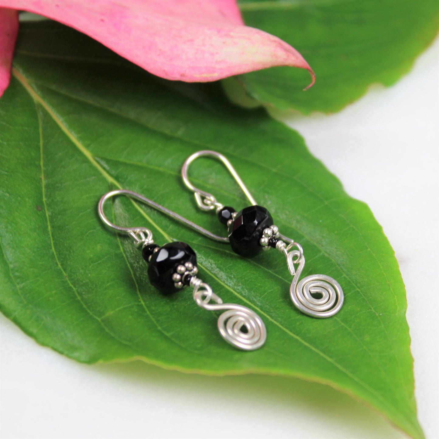 faceted black onyx earrings with dangle of hammered sterling silver wire