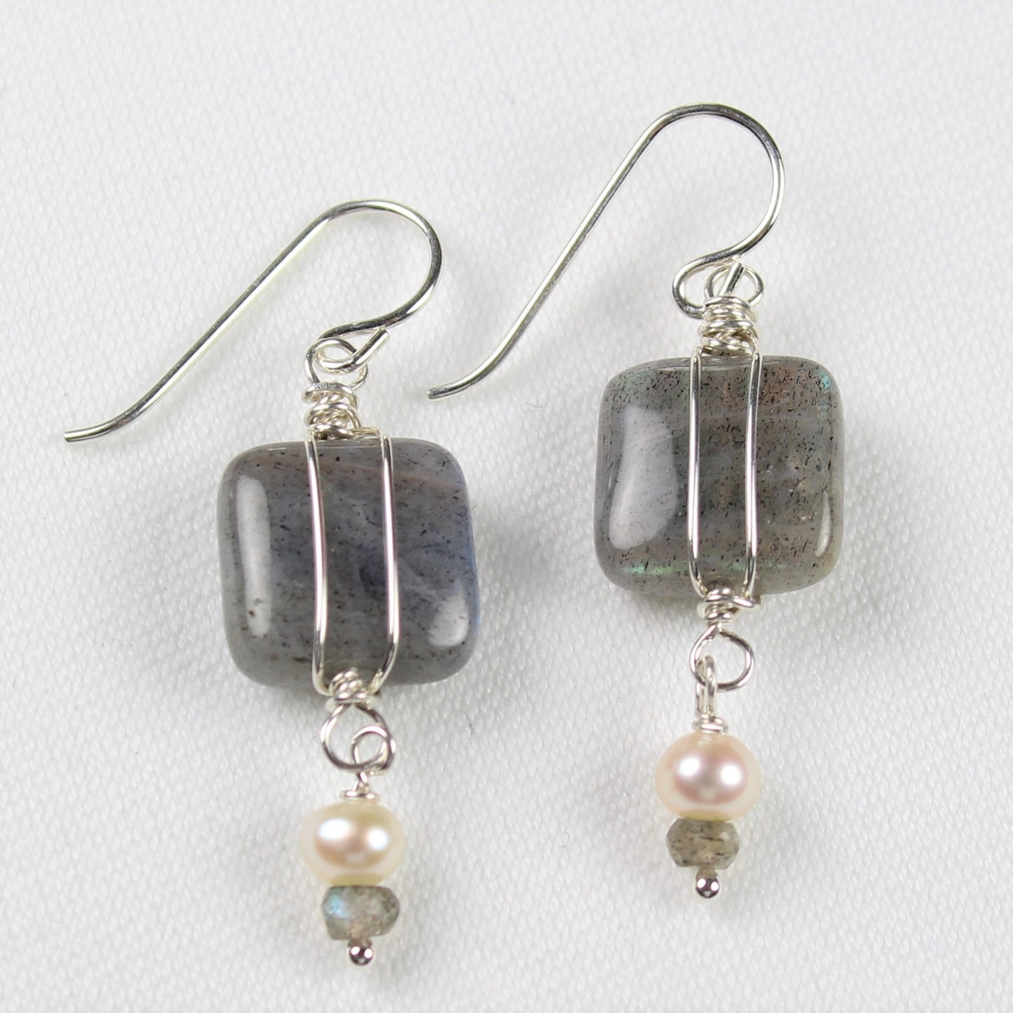 square pillow shaped smooth labradorite earrings with delicate sterling accent and pearl and labradorite petite dangle