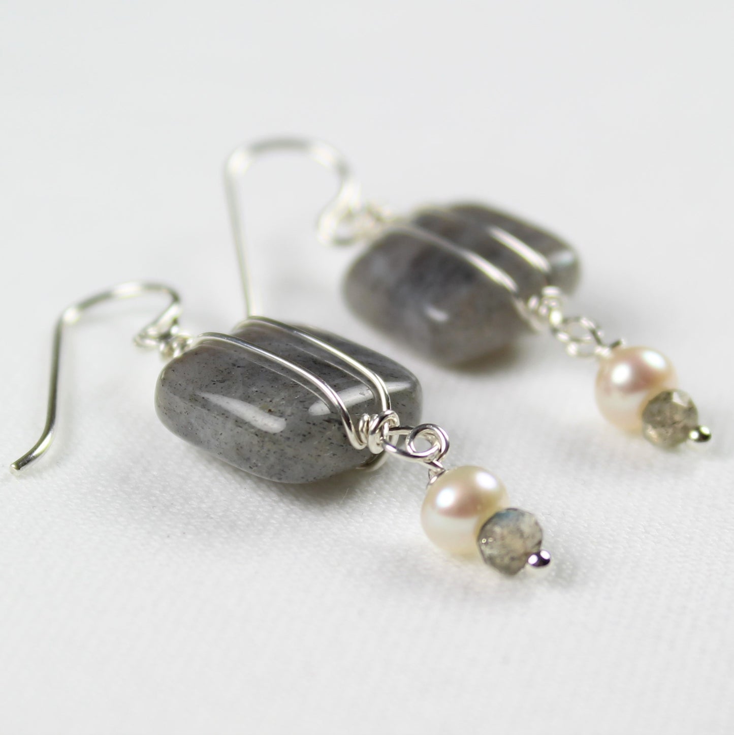 square pillow shaped smooth labradorite earrings with delicate sterling accent and pearl and labradorite petite dangle