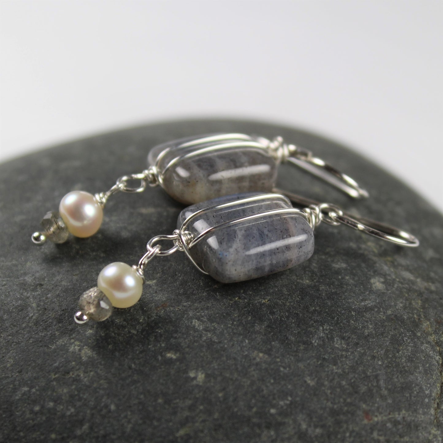 Denim blue labradorite square earrings with sterling wire detail and white pearl drops