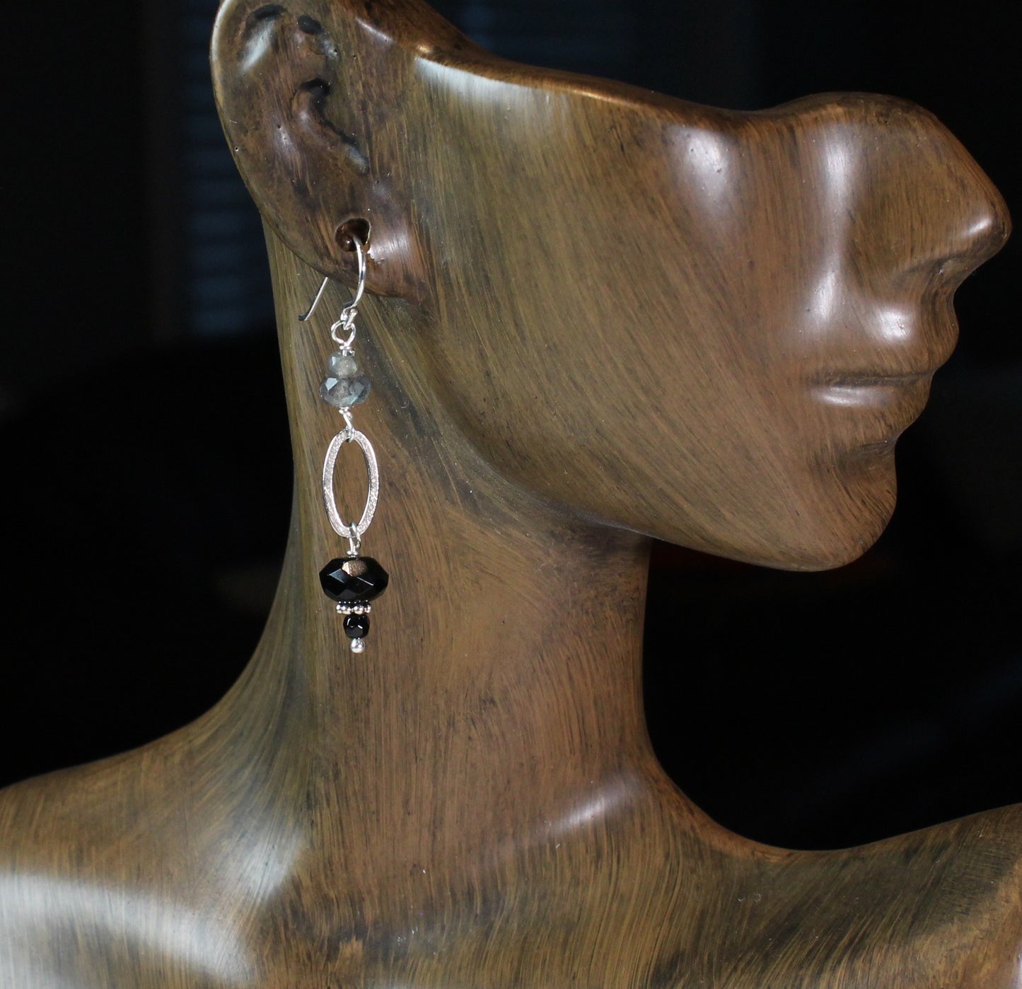 Onyx and Labradorite dangle earrings with brushed sterling silver flat oval loop