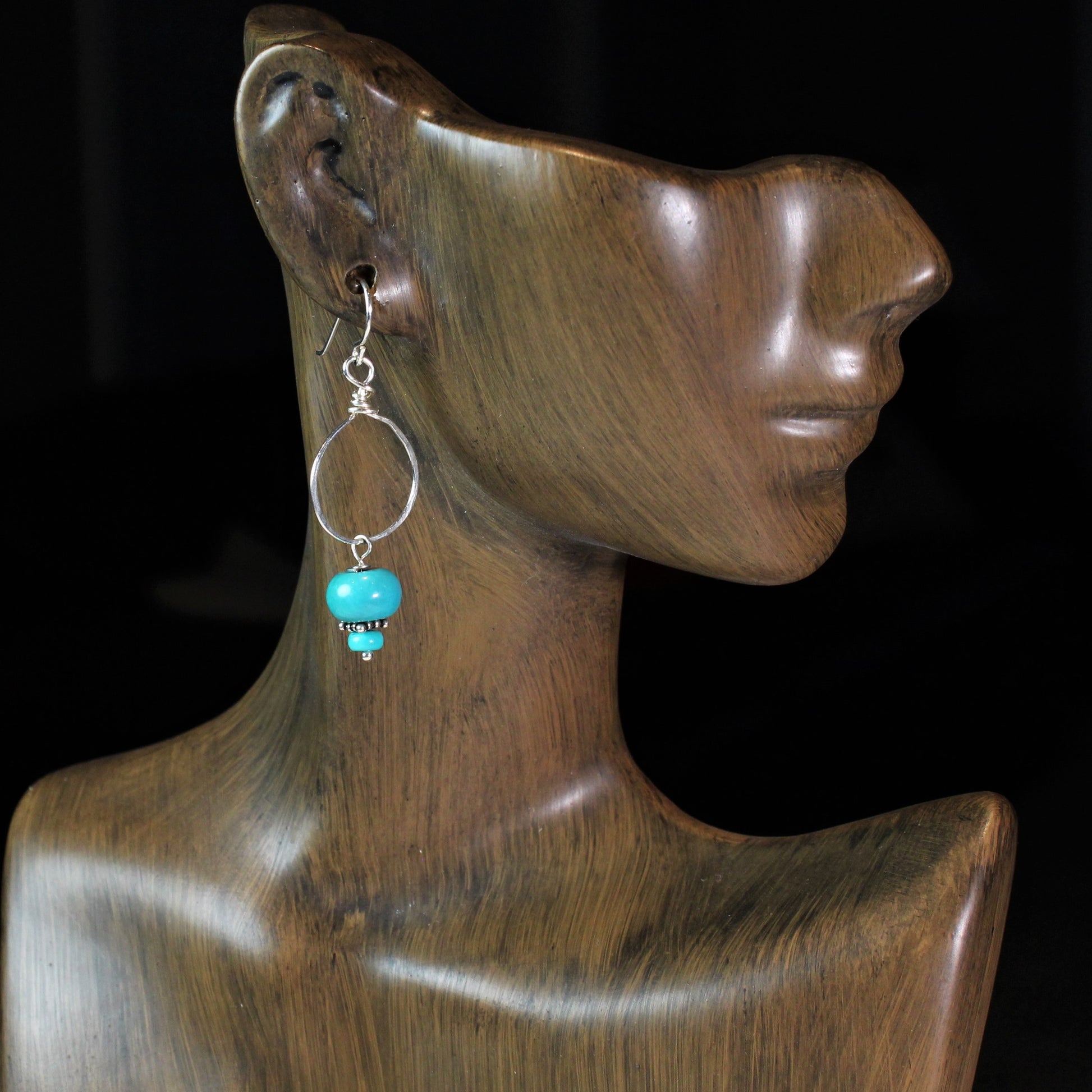 Sterling silver hammered loop with blue turquoise dangle on silver wire earrings