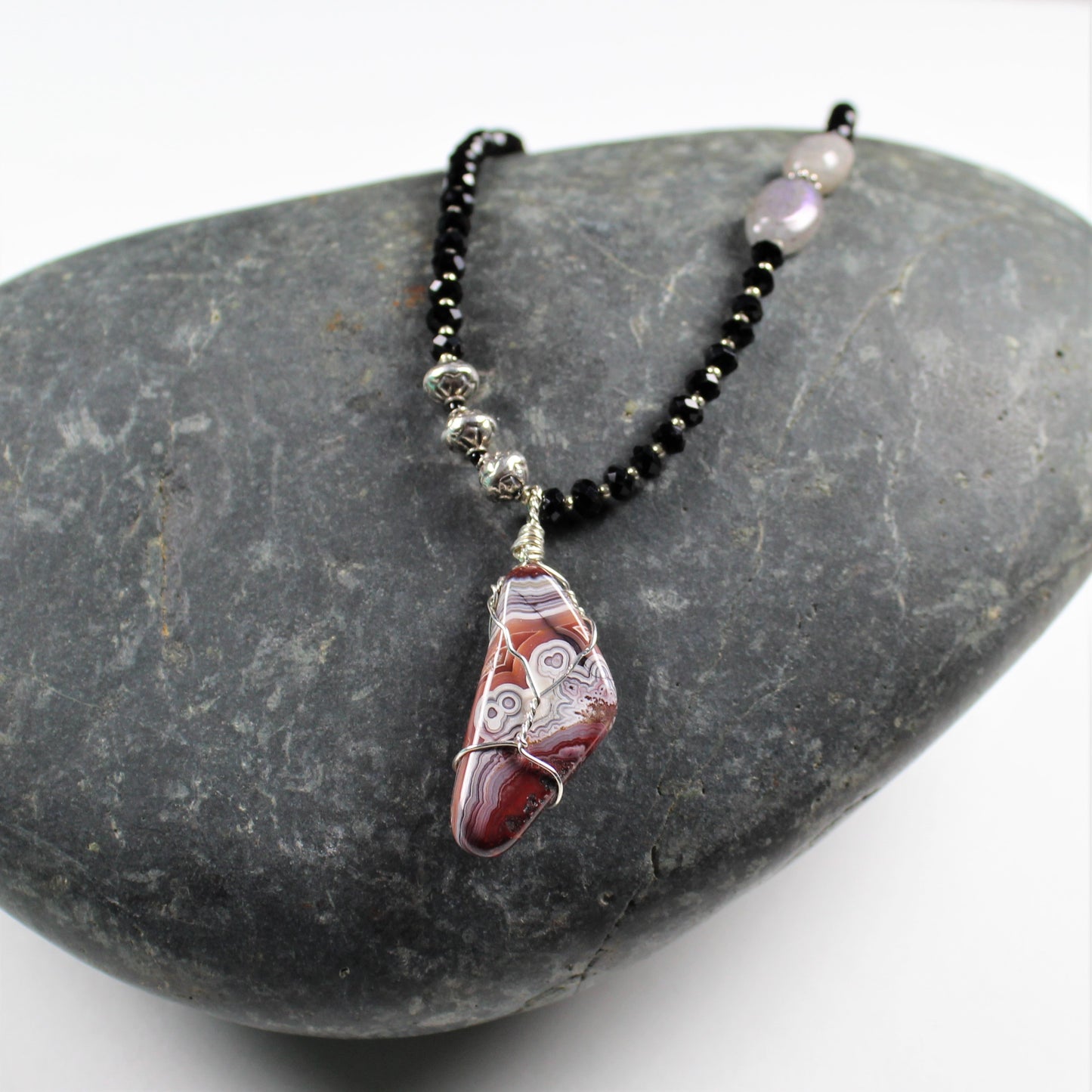 Black Spinel and Crazy Lace Agate Necklace