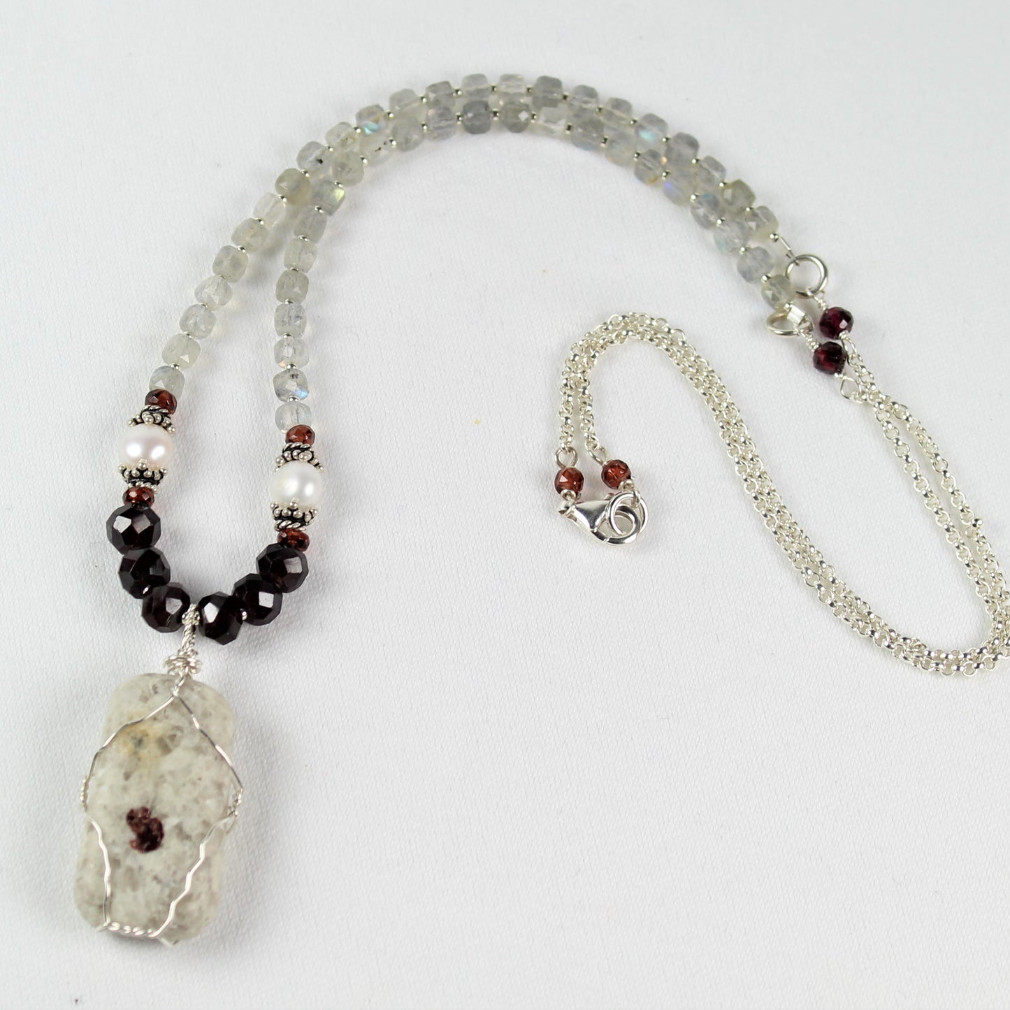 White Stone, Labradorite, and Garnet Necklace