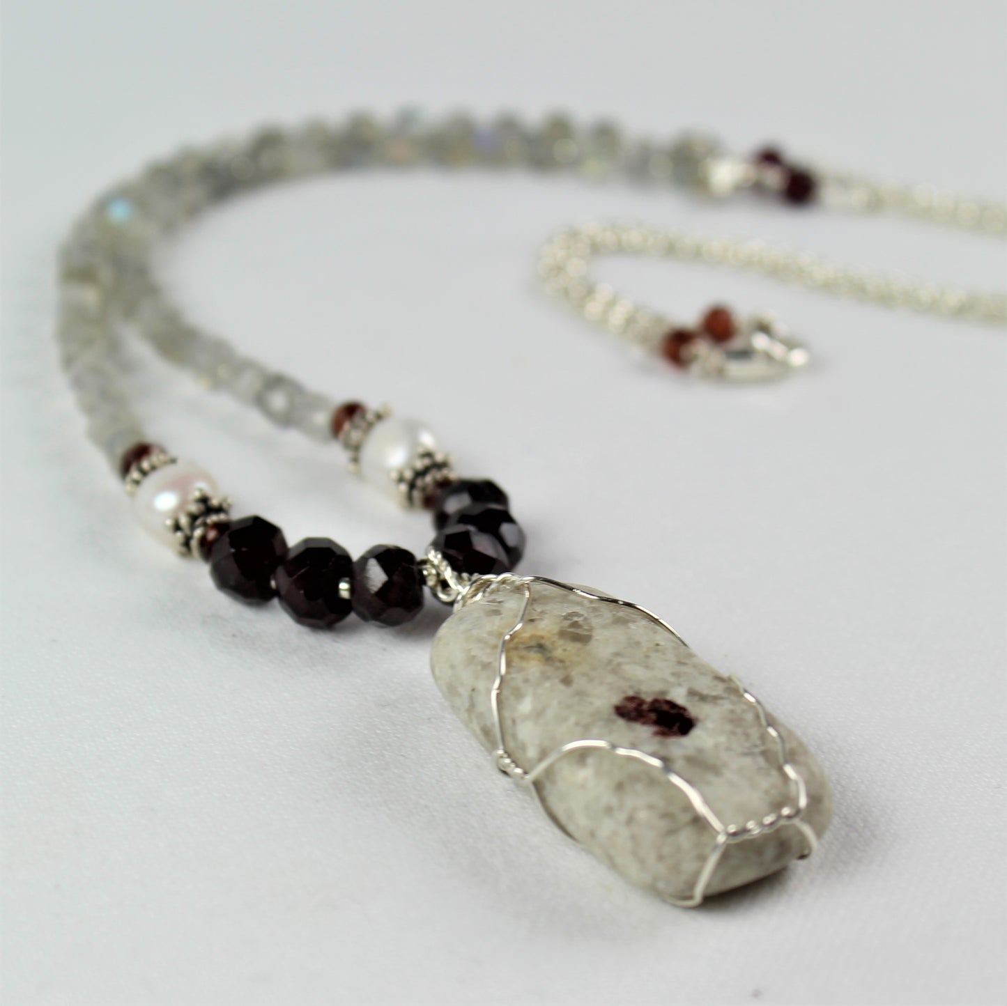 White Stone, Labradorite, and Garnet Necklace