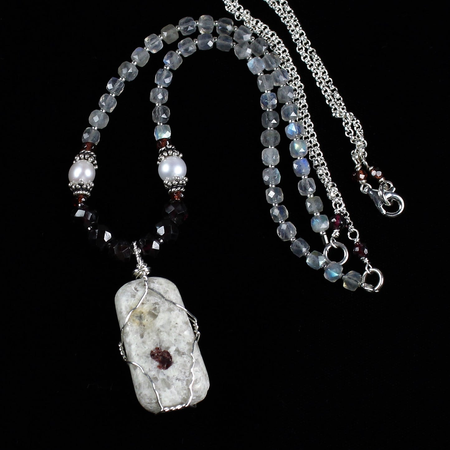 White Stone, Labradorite, and Garnet Necklace