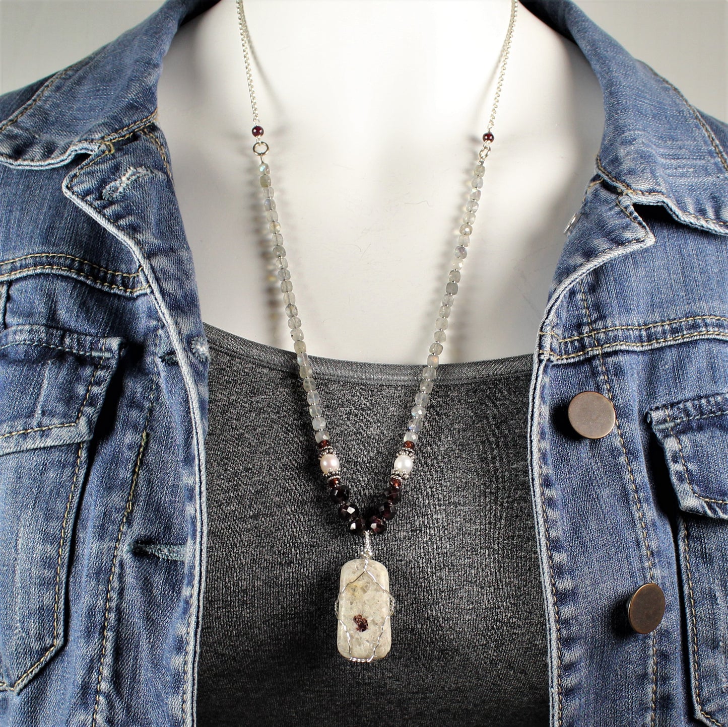 White Stone, Labradorite, and Garnet Necklace