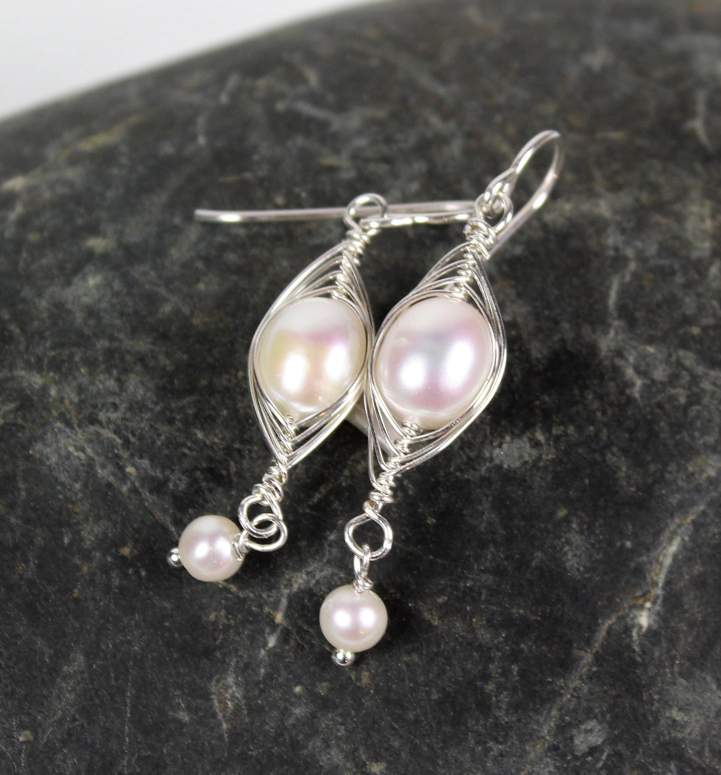 White Pearl Herringbone Earrings